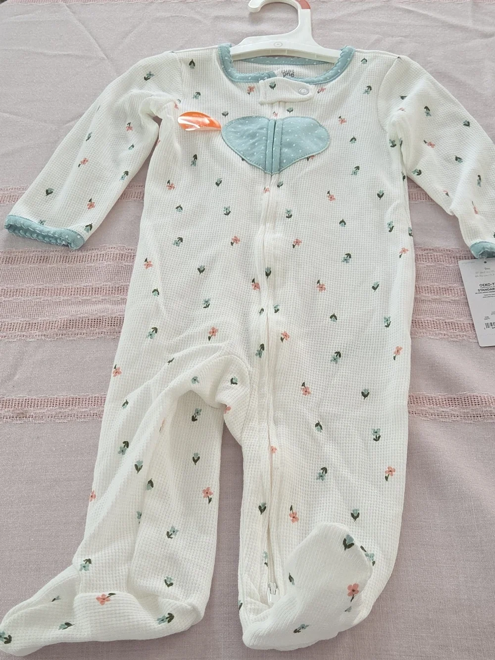 Carter's White Floral Waffle Footie with Blue Heart Size 9 Mo BNWT
